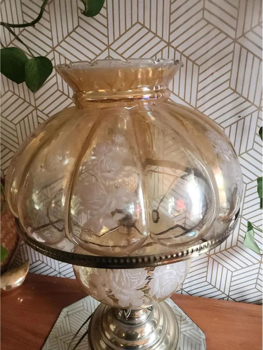 Vintage Clear Amber Glass Hurricane Gone With The Wind Floral Table Lamp 20